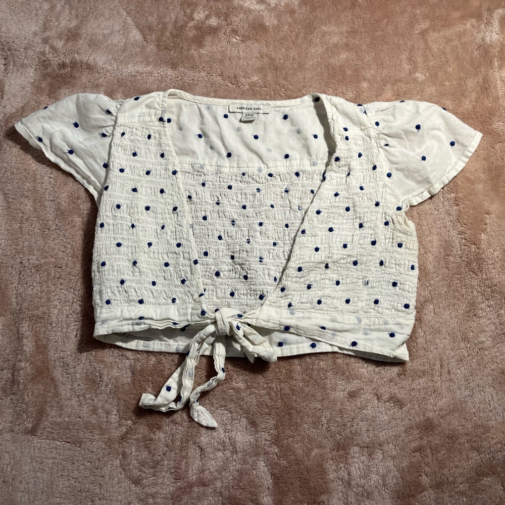 American Eagle Outfitters White and Blue Polka Dot Blouse